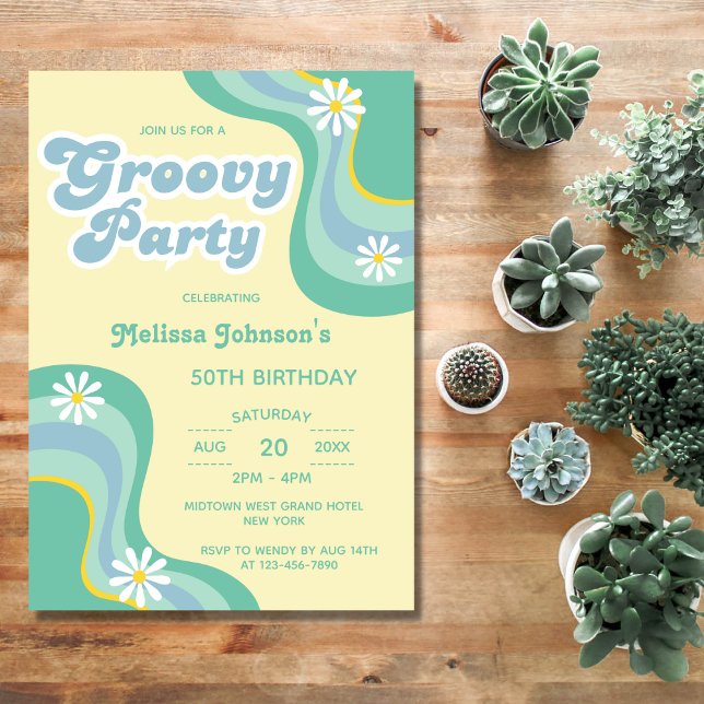 Invitation les années 70 Retro Super fêtes marguerites Jaune  (Créateur téléchargé)