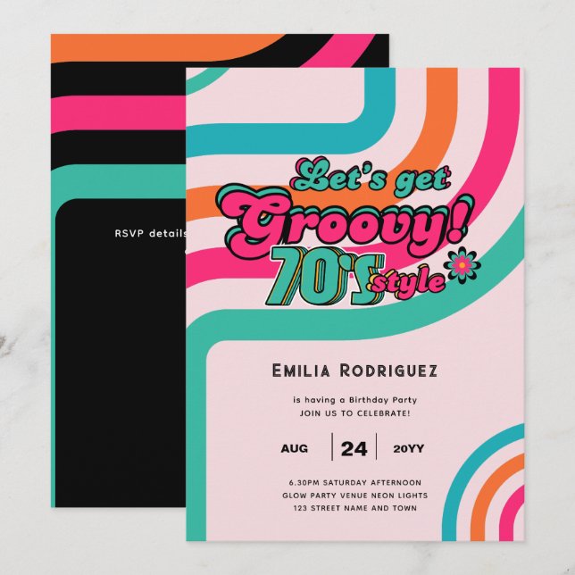 Invitation les années 70 soirée d'anniversaire Boogie Retro D (Devant / Derrière)