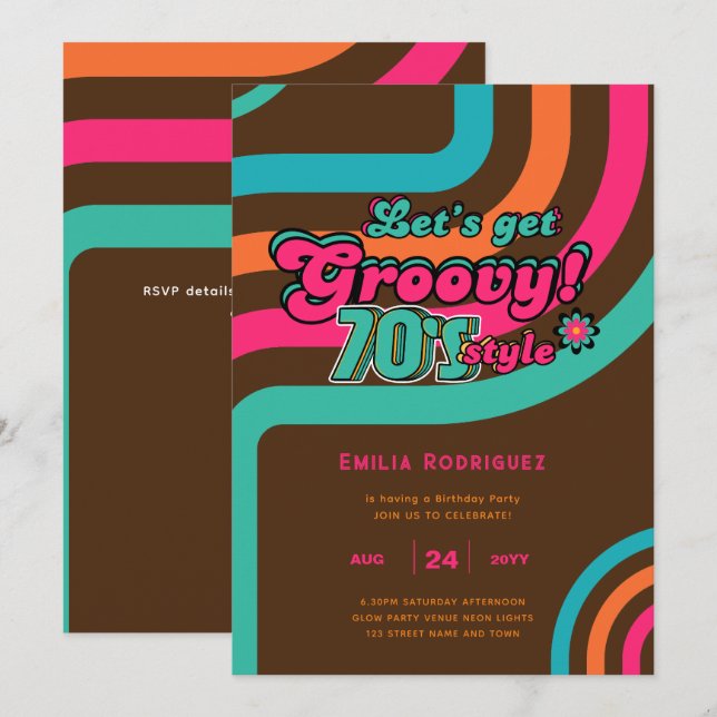 Invitation les années 70 soirée d'anniversaire Boogie Retro D (Devant / Derrière)