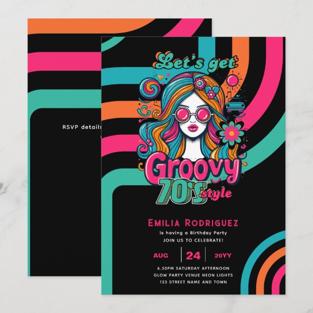 Invitation les années 70 soirée d'anniversaire Boogie Retro D (Devant / Derrière)