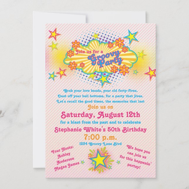 Invitation les années 70 Thème Fleur Super Power 50e fête d'a (Devant)