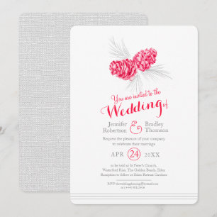 Invitation Les cônes de pin dessinent un mariage gris rouge