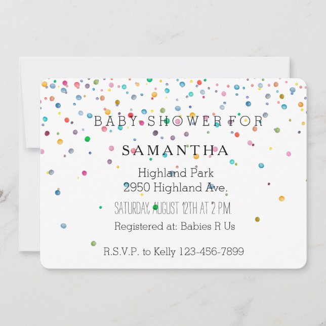 Invitation Les confettis heureux pointillent le baby shower (Devant)