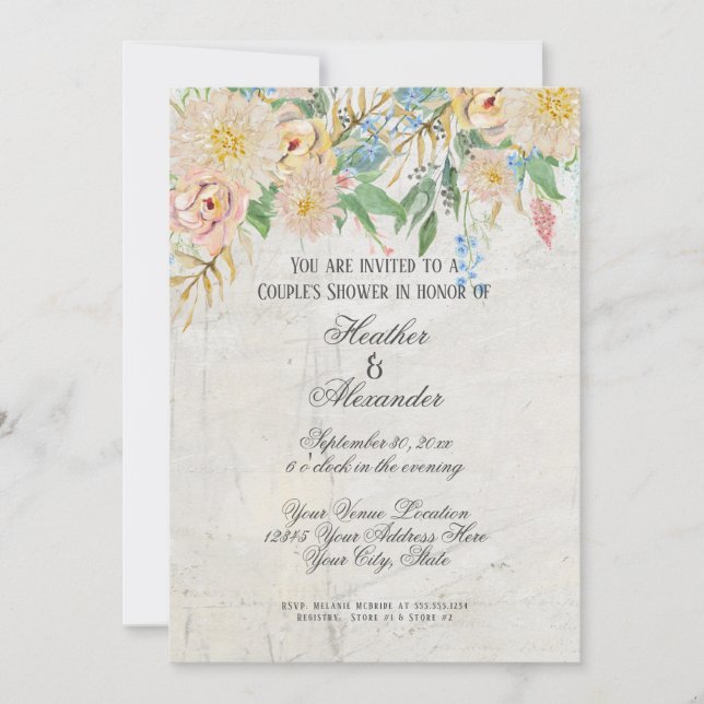 Invitation Les couples versent le marbre floral d'aquarelle (Devant)