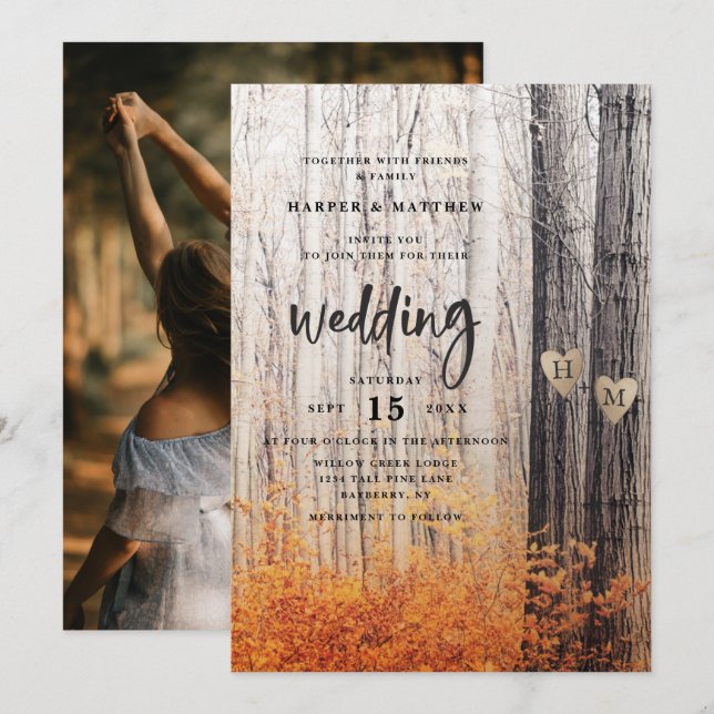 Invitation Les deux amoureux sculptés Arbres d'automne Mariag (Devant / Derrière)