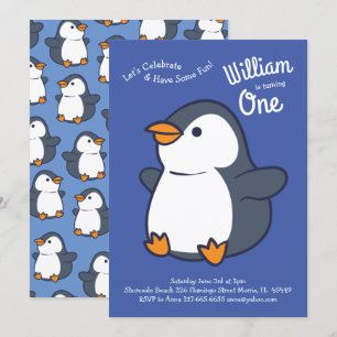 Invitation Les enfants d'hiver de Cute Penguin 1er anniversai
