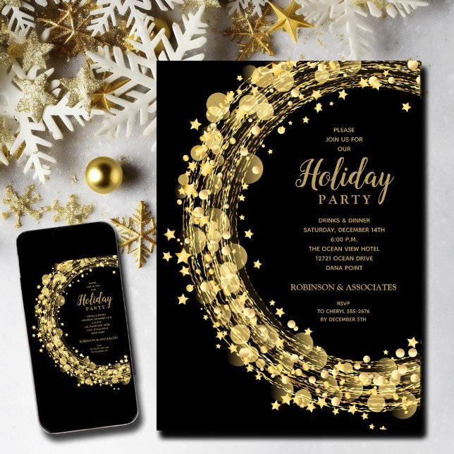 Invitation Les étoiles d'or en Noël noir (Gold Stars Christmas Holiday Invitations - INSTANT DOWNLOAD and/or PRINTED)