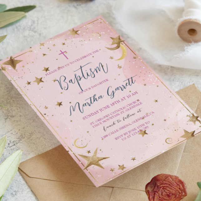 Invitation Les étoiles d'or et le baptême de la fille rose (Créateur téléchargé)