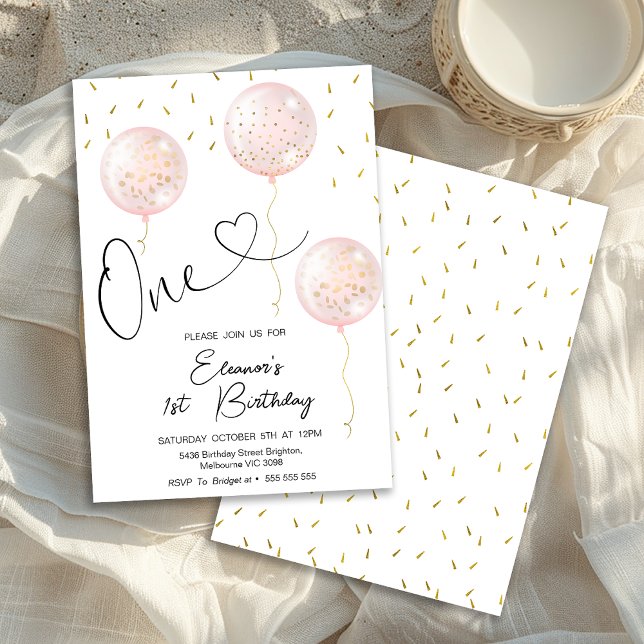 Invitation Les filles arrosent les ballons roses 1er annivers (Girls First Birthday Invitation, First Birthday Girl Invitation, Pink Balloons Sprinkles, Modern)