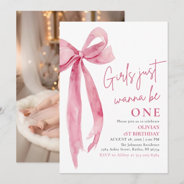 Invitation Les Filles De Bow Rose Veulent Être Un 1Er Anniver (Devant / Derrière)