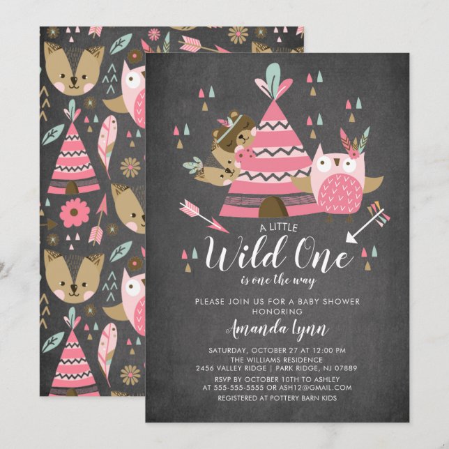 Invitation Les filles en tableau noir Wild One Baby shower In (Devant / Derrière)