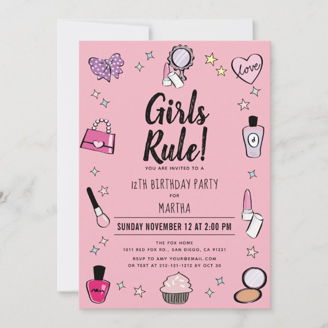 Invitation Les filles Règle Spa maquillage bois rose Annivers (Devant)