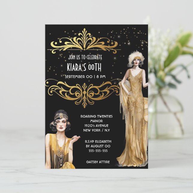 Invitation Les flappers en or noir Great Gatsby Art déco (Debout devant)