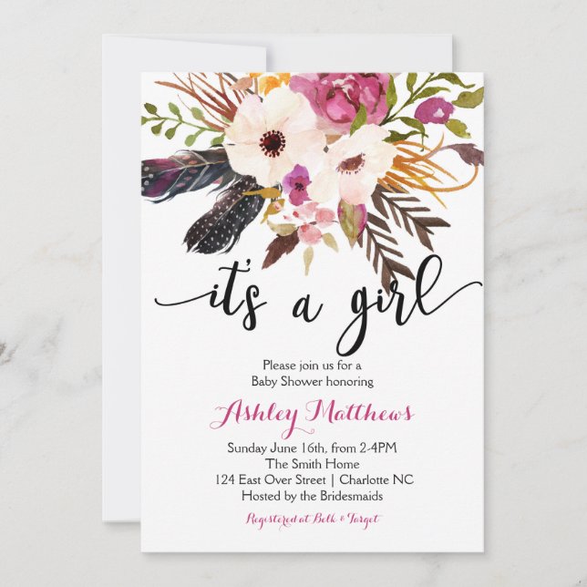 Invitation Les flèches du Boho pleuvent Baby shower floral In (Devant)