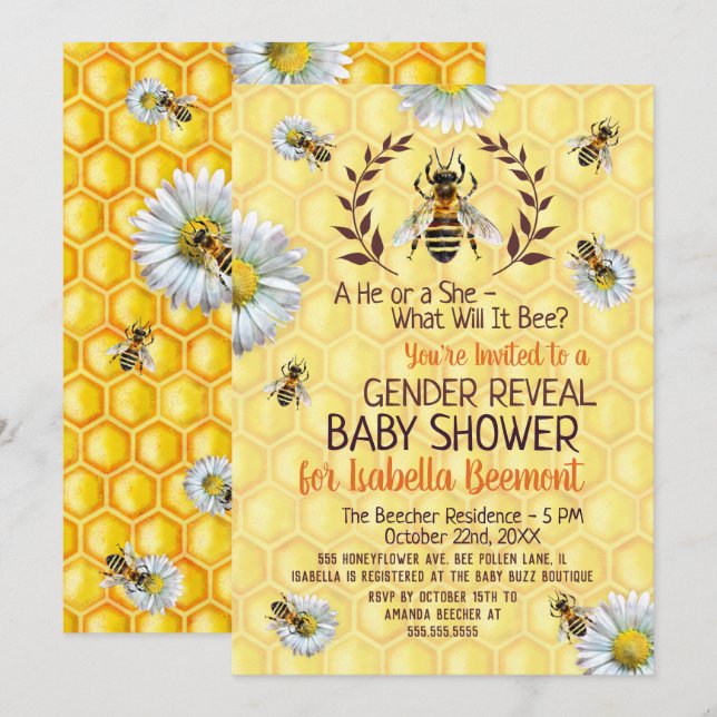 Invitation Les fleurs d'abeilles Baby showers révèlent le gen (Devant / Derrière)