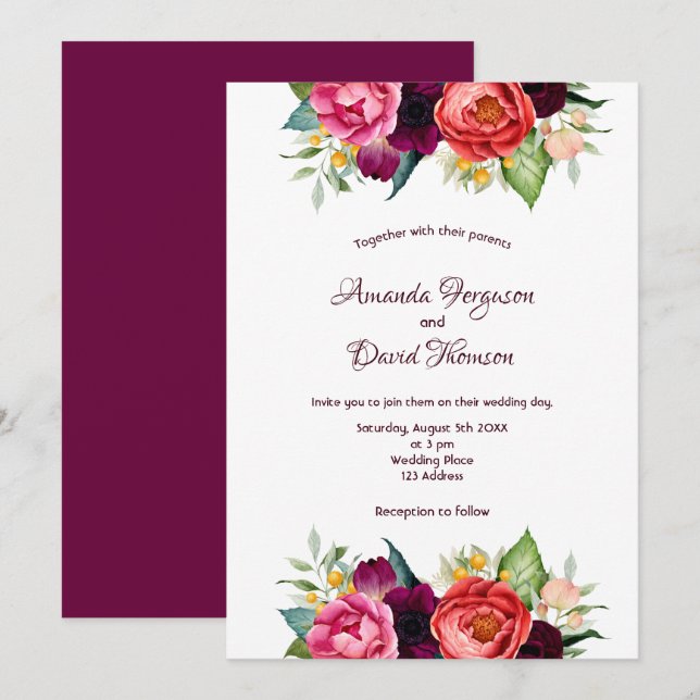Invitation Les fleurs roses de Bourgogne tombent blanc mariag (Devant / Derrière)