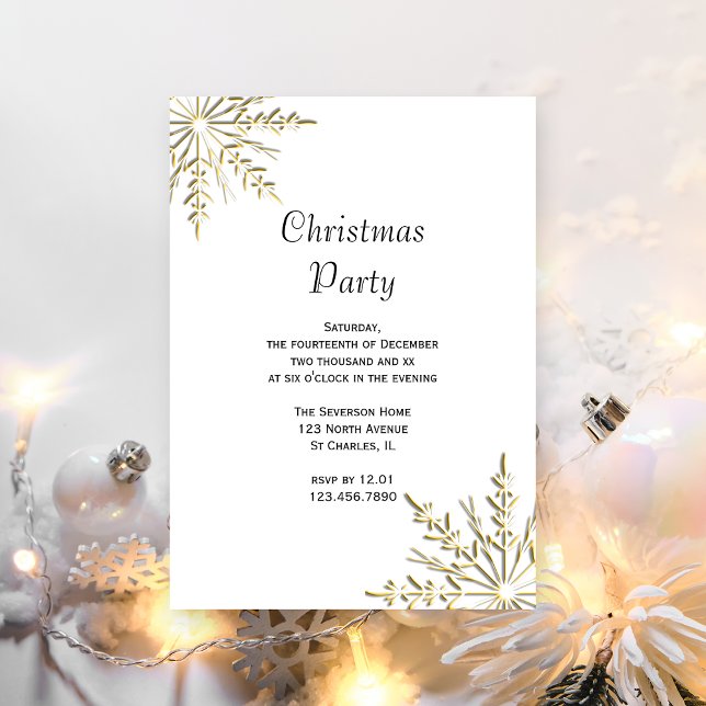 Invitation Les flocons d'or à la fête de Noël blanche (Créateur téléchargé)