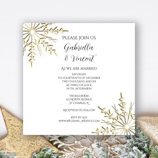Invitation Les flocons d'or sur White Winter Wedding Invitati (Créateur téléchargé)