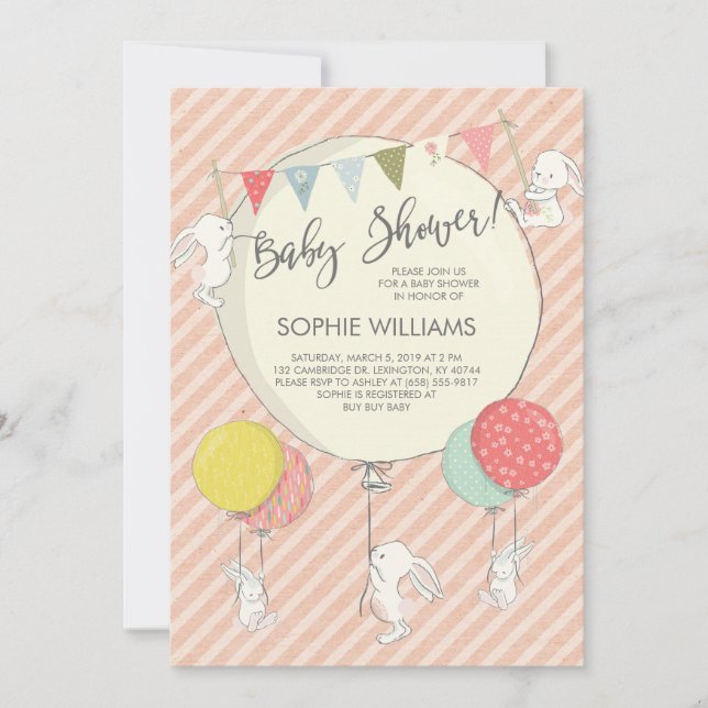 Invitation Les lapins blancs et les ballons Baby shower de la (Devant)