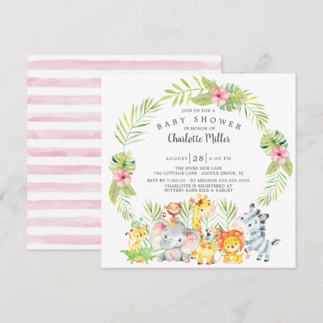 Invitation Les mignonnes filles Jungle Animaux Baby shower (Devant / Derrière)
