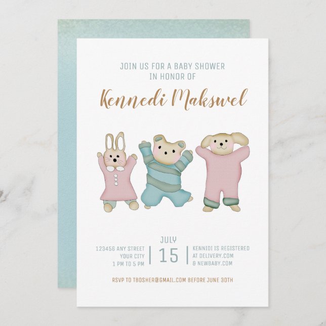 Invitation Les mignons animaux | BABY SHOWER (Devant / Derrière)