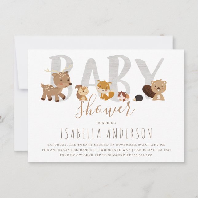 Invitation Les mignons animaux en bois | Baby shower non sexi (Devant)