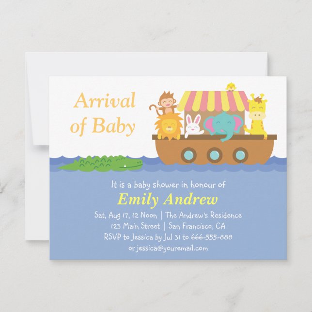 Invitation Les mignons animaux, le Baby shower d'arche de Noa (Devant)