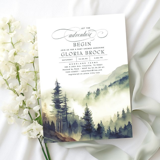 Invitation Les Montagnes Laissent Commencer L'Aventure Baby s (Fog Forest and Mountains Let The Adventure Begin Gender Neutral Baby Shower Invitations)