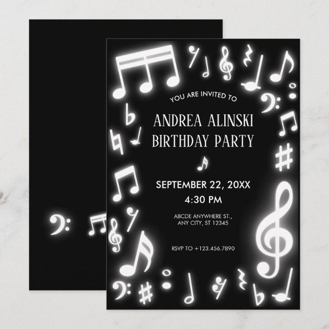 Invitation Les notes de musique brillent dans l'anniversaire  (Devant / Derrière)
