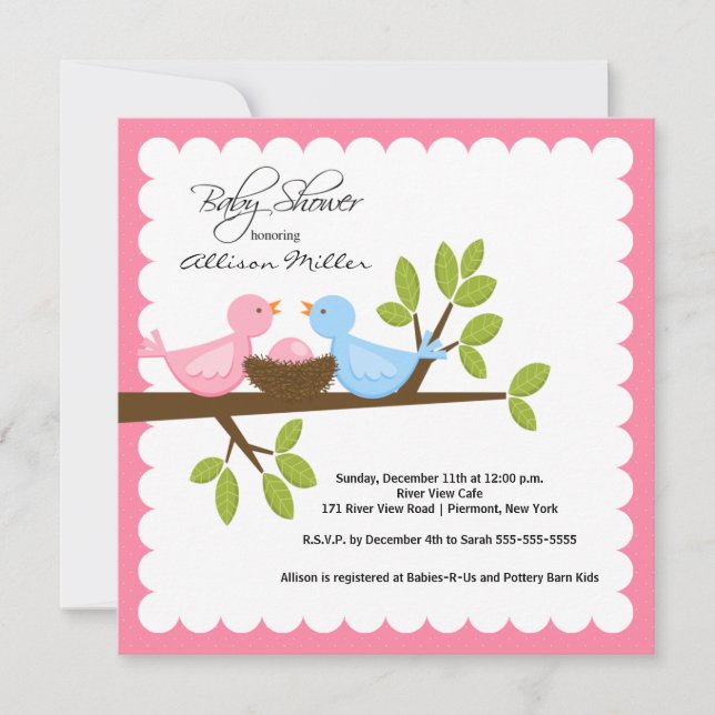 Invitation Les oiseaux de maman et papa avec le Baby shower d (Devant)