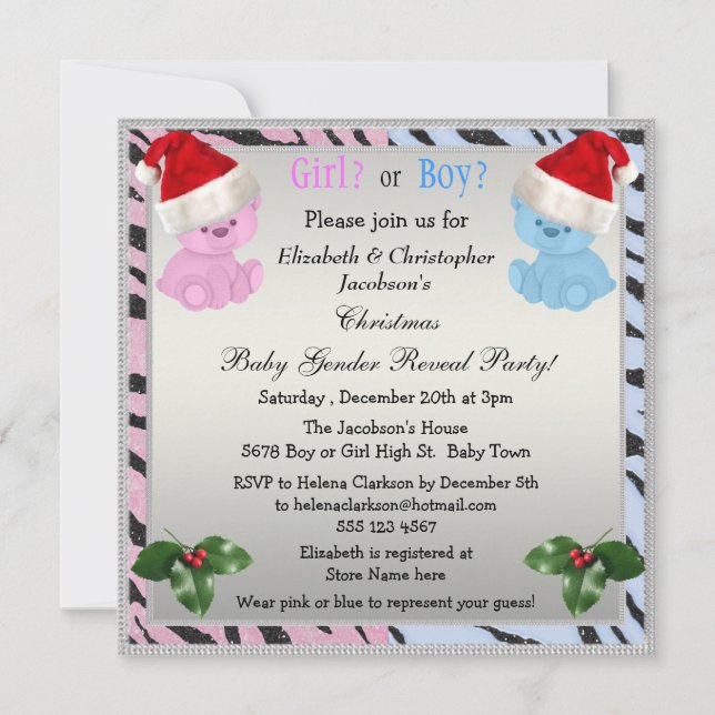 Invitation Les ours de Noël du bébé révèlent leur genre dans  (Devant)