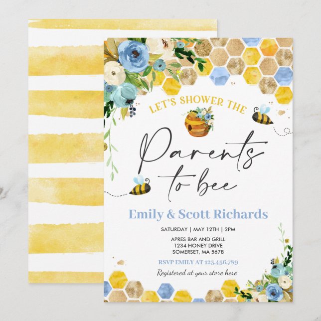 Invitation Les Parents Floraux Bleus D'Abeille À Être Bébé (Devant / Derrière)