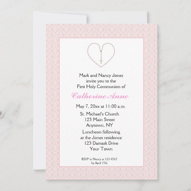 Invitation Les perles de Rosaire, communion de Damas rose du  (Devant)