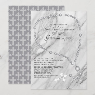 Invitation Les perles du Rosaire d'argent Première communion