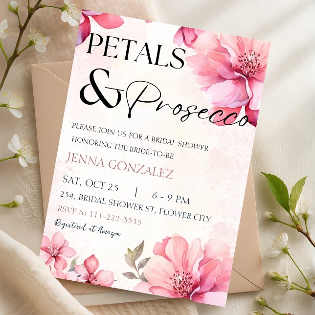 Invitation Les pétales et la Fête des mariées florale de Pros (Petals and Prosecco Floral Bridal Shower Invitation)