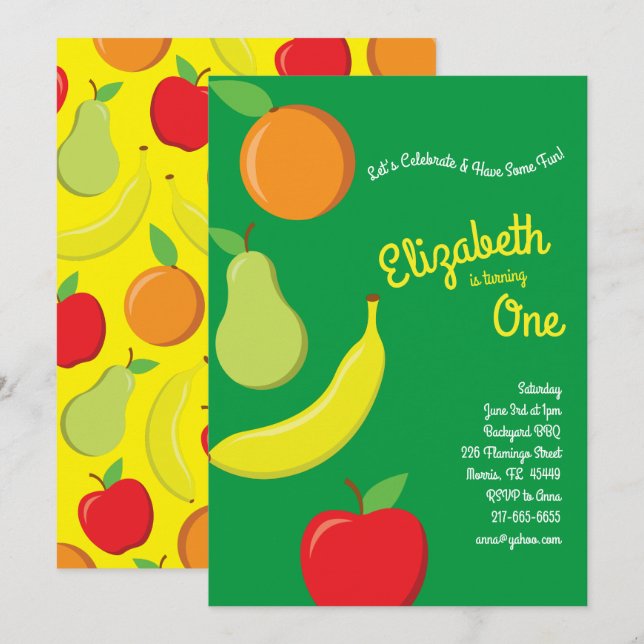 Invitation Les petits fruits 1er anniversaire Fête Apple Bana (Devant / Derrière)