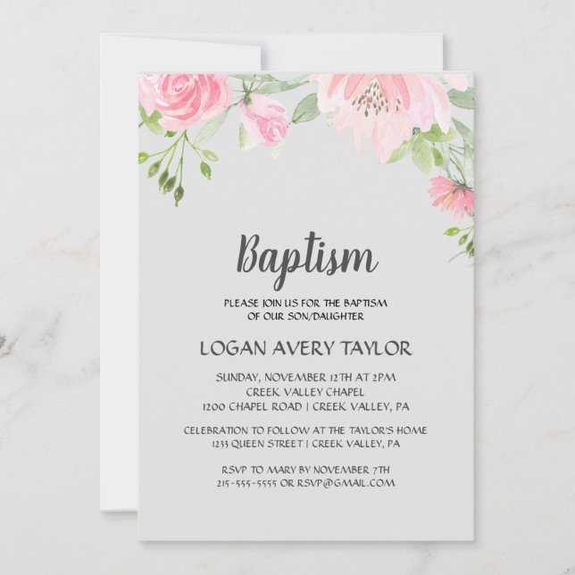 Invitation Les pivoines blush sur le baptême gris (Devant)