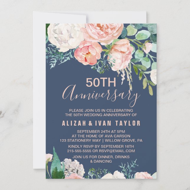 Invitation Les pivoines romantiques | 50e anniversaire du Mar (Devant)