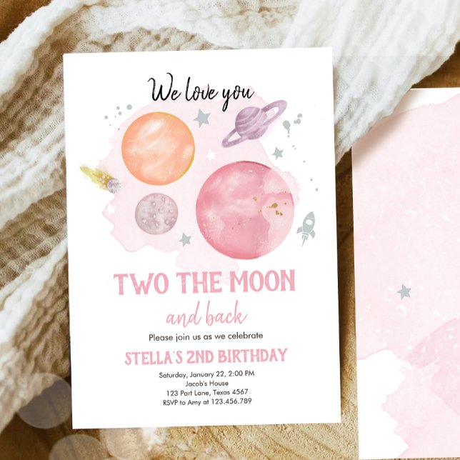 Invitation Les Planètes spatiales Deux La Lune Fille Annivers (Créateur téléchargé)