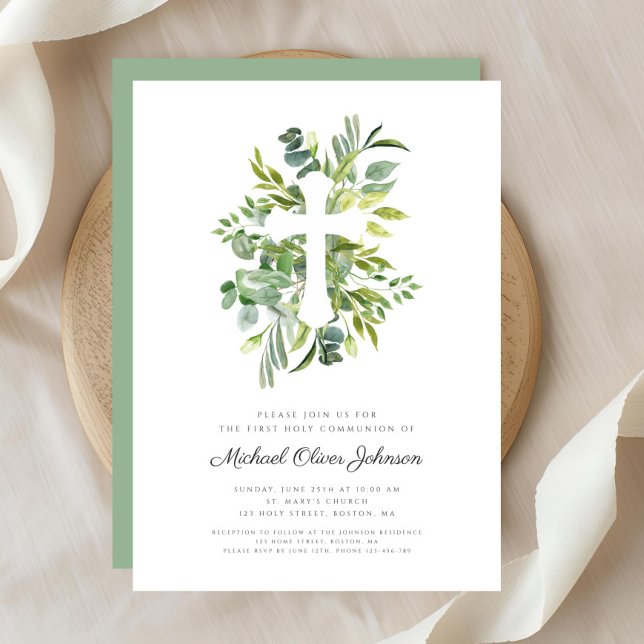 Invitation Les plantes vertes traversent la première communio (Green Botanicals Cross Religious First Communion Invitation)