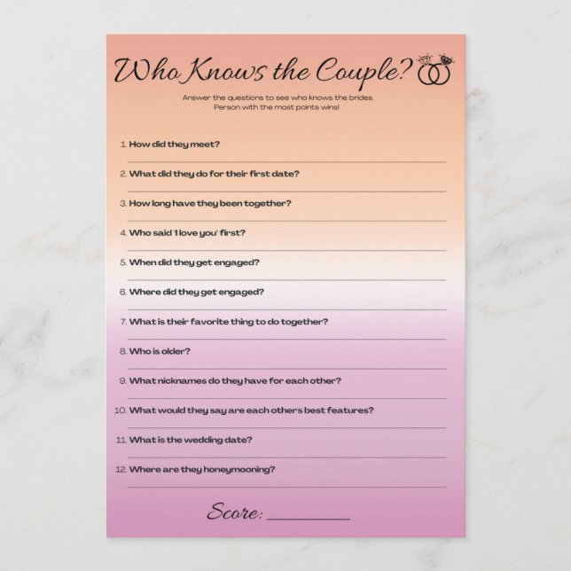 Invitation Lesbian Bachelorette Game, Qui connaît le couple (Devant)