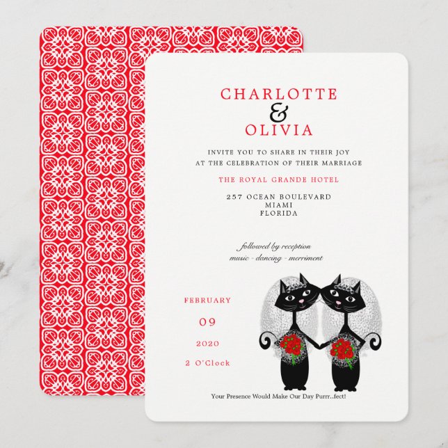 Invitation Lesbian Couple LGBTQ Mariage Cute Cats (Devant / Derrière)