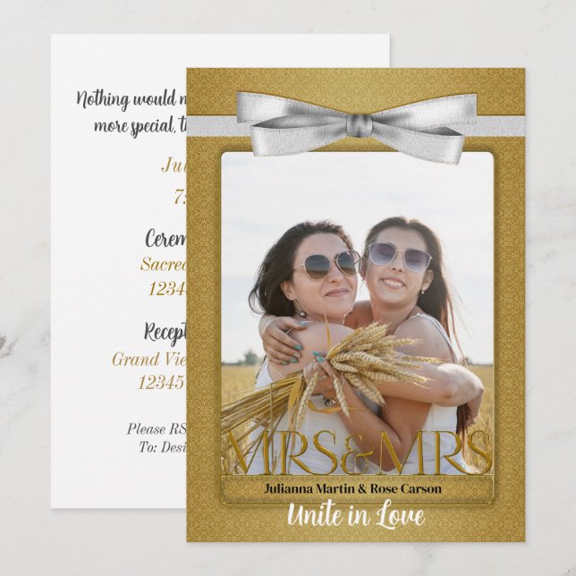 Invitation Lesbian Gay Deux Mariées Gold Mariage damassé (Devant / Derrière)