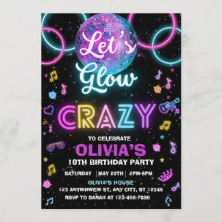 Invitation Let’s Glow Crazy disco party invite - disco ball 