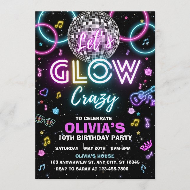 Invitation Let’s Glow Crazy disco party invite - disco ball  (Devant)