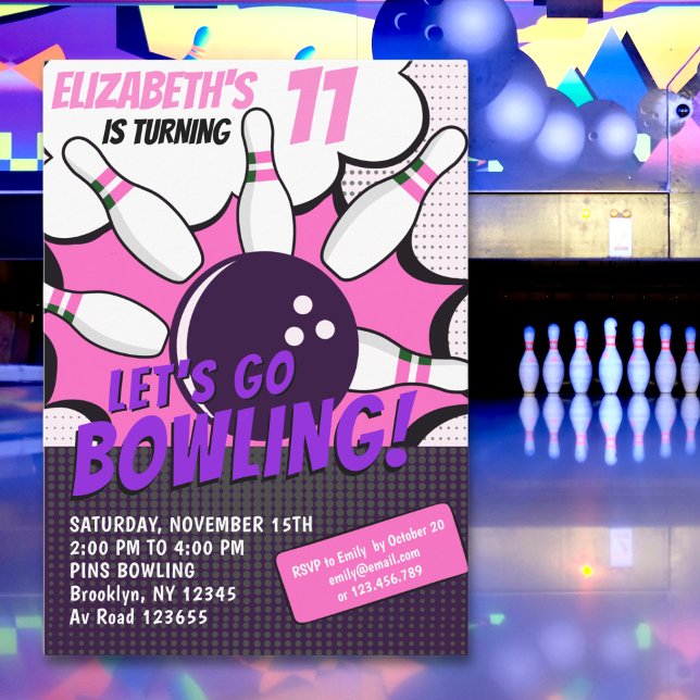 Invitation Let’s Go Bowling!  Fun Bowling-Style Birthday Girl (Créateur téléchargé)
