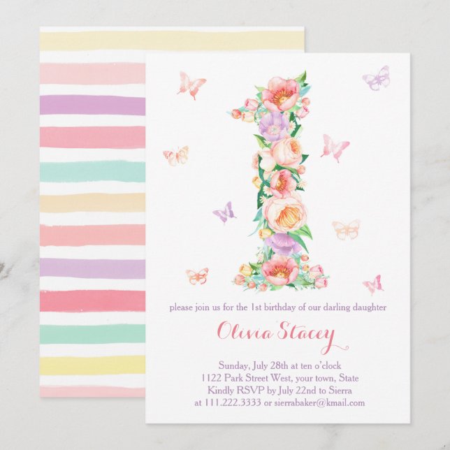 Invitation L'été 1er anniversaire avec les papillons Pastel (Devant / Derrière)