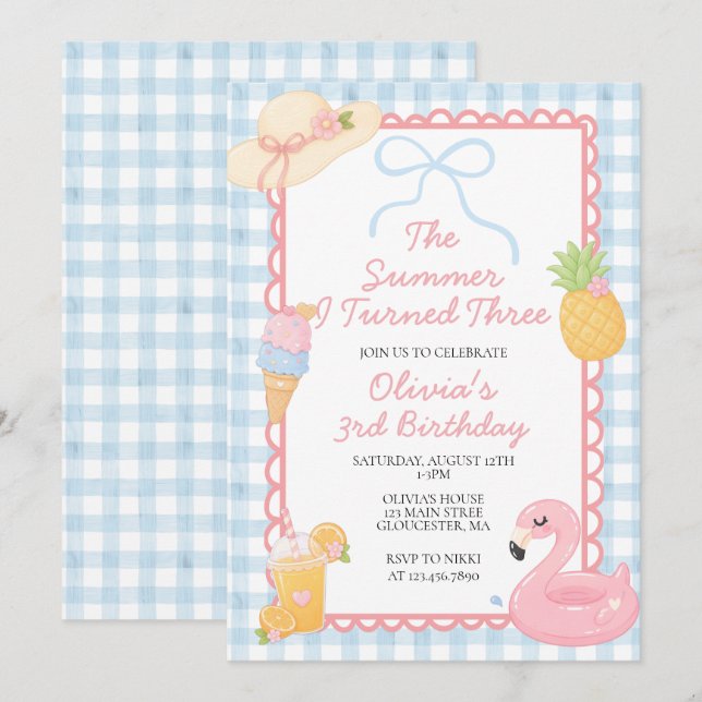 Invitation L'été où j'ai eu trois ans Fête d'anniversaire côt (Devant / Derrière)