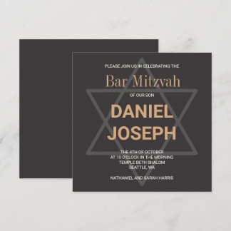 Invitation L'étoile carré de Joyau Bar Mitzvah - doré noir