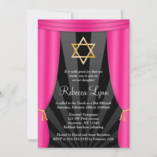 Invitation L'étoile d'Hollywood de David Bat mitzvah rose (Devant)